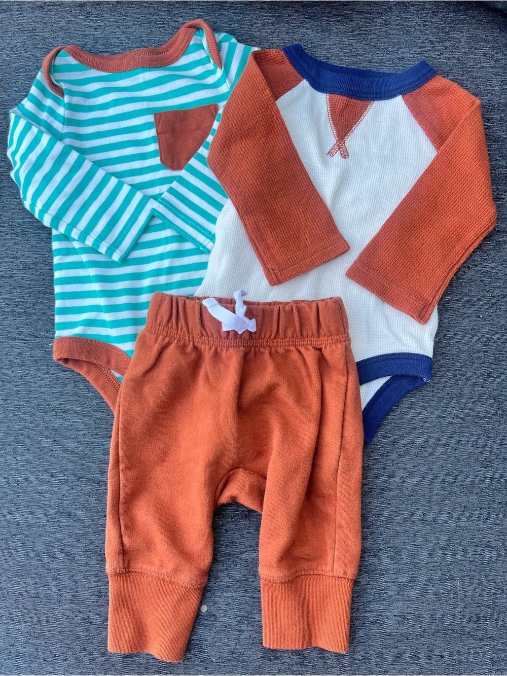Cat & Jack Striped Teal & Rust Baby Bodysuits with Rust Pants
